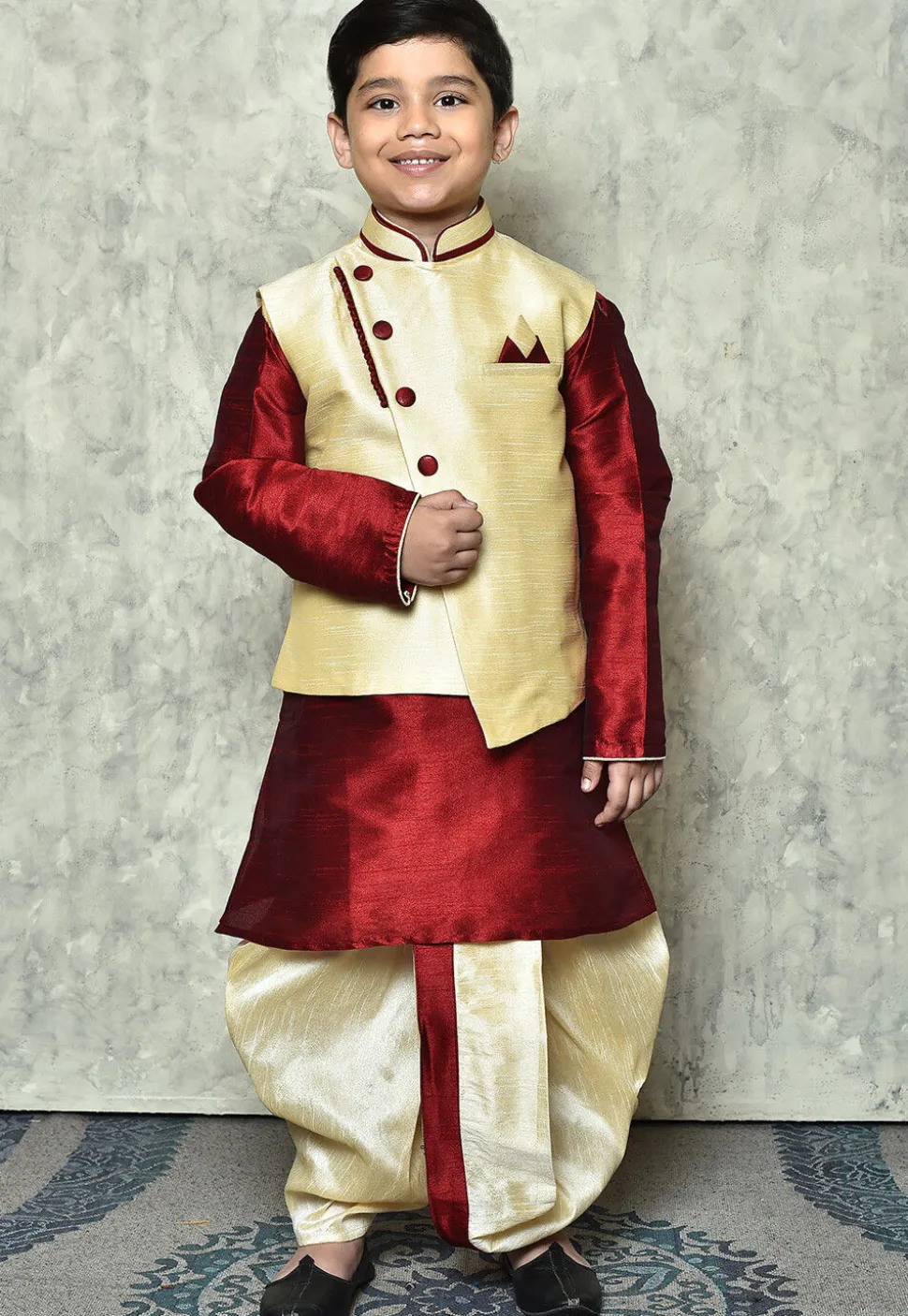 Contrast Trim Dupion Dhoti Kurta Jacket in Maroon and Beige