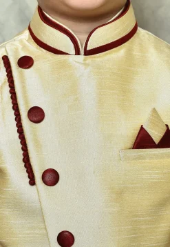 Contrast Trim Dupion Dhoti Kurta Jacket in Maroon and Beige