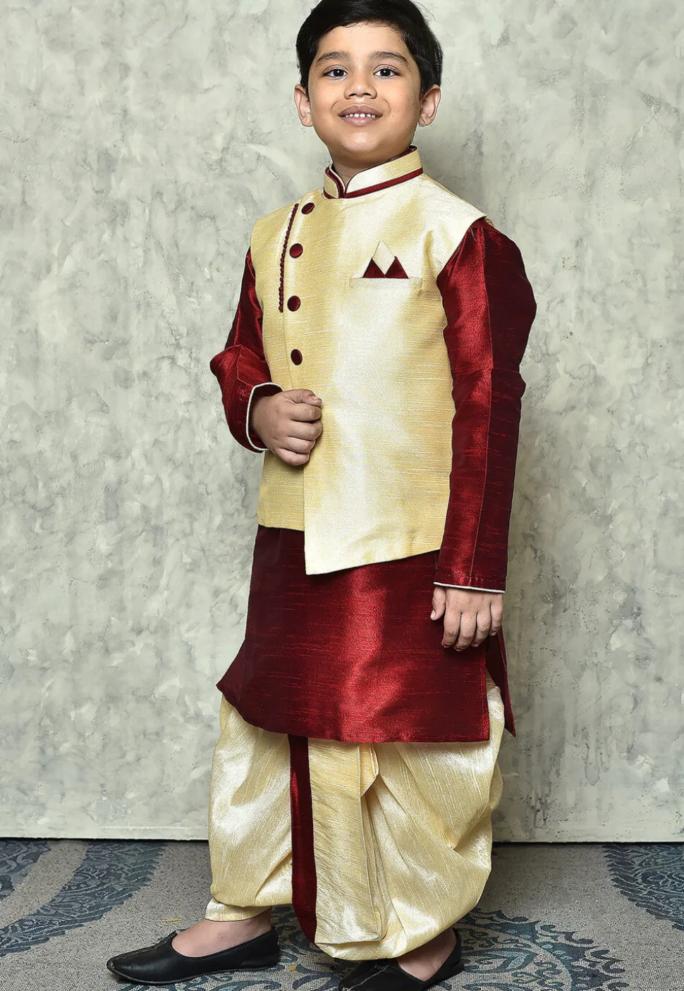 Contrast Trim Dupion Dhoti Kurta Jacket in Maroon and Beige