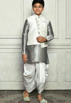 Contrast Trim Dupion Dhoti Kurta Jacket in Grey and Off White