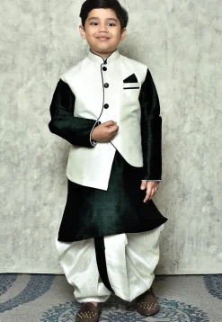 Contrast Trim Dupion Dhoti Kurta in Dark Green and Off White