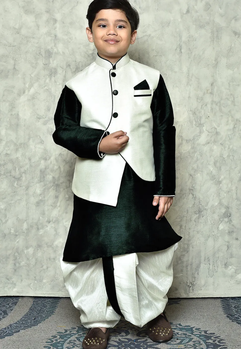 Contrast Trim Dupion Dhoti Kurta in Dark Green and Off White