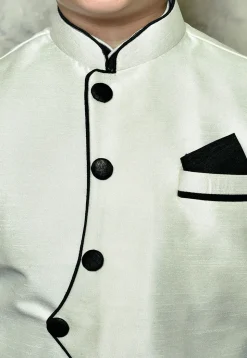 Contrast Trim Dupion Dhoti Kurta in Dark Green and Off White