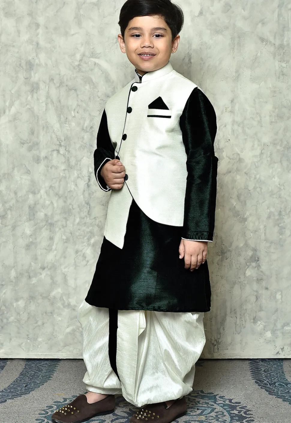 Contrast Trim Dupion Dhoti Kurta in Dark Green and Off White