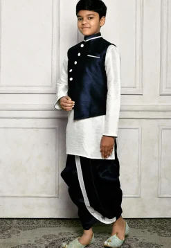 Contrast Trim Dupion Dhoti Kurta Jacket in Off White and Blue