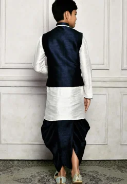 Contrast Trim Dupion Dhoti Kurta Jacket in Off White and Blue