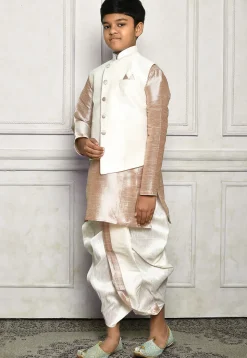 Contrast Trim Dupion Dhoti Kurta Jacket in Beige and Off White