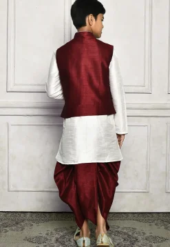 Contrast Trim Dupion Dhoti Kurta Jacket in White and Maroon
