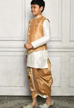 Contrast Trim Dupion Dhoti Kurta Jacket in Off White and Beige