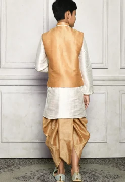 Contrast Trim Dupion Dhoti Kurta Jacket in Off White and Beige
