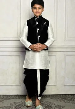 Contrast Trim Dupion Dhoti Kurta Jacket in White and Black