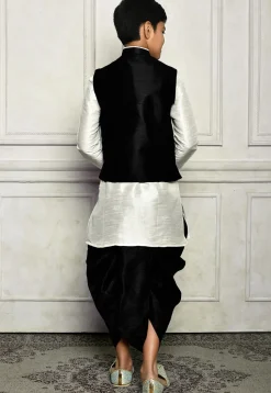 Contrast Trim Dupion Dhoti Kurta Jacket in White and Black