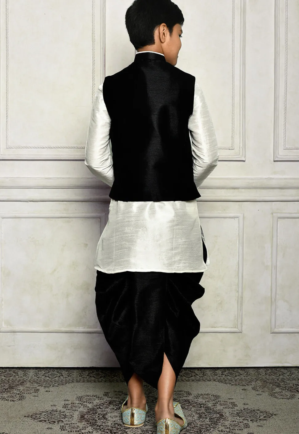 Contrast Trim Dupion Dhoti Kurta Jacket in White and Black