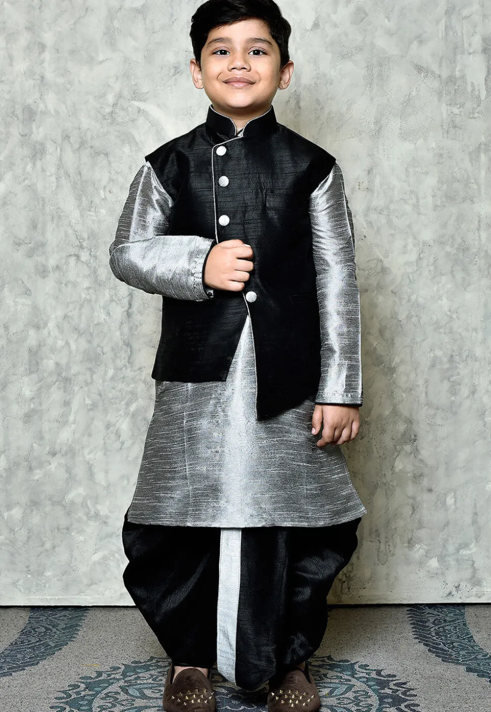 Contrast Trim Dupion Dhoti Kurta Jacket Set in Grey and Black