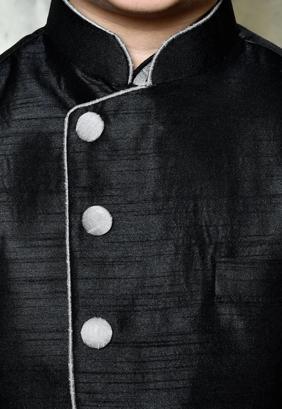 Contrast Trim Dupion Dhoti Kurta Jacket Set in Grey and Black