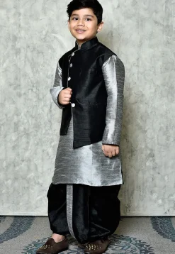 Contrast Trim Dupion Dhoti Kurta Jacket Set in Grey and Black