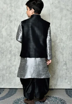 Contrast Trim Dupion Dhoti Kurta Jacket Set in Grey and Black