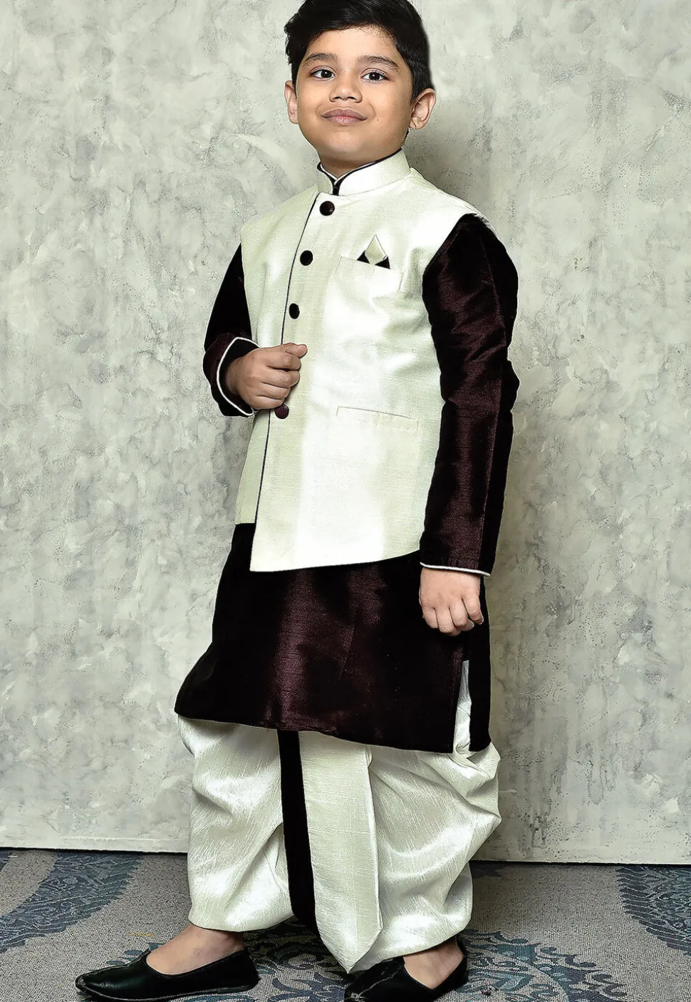 Contrast Trim Dupion Dhoti Kurta Jacket in Wine and Off White