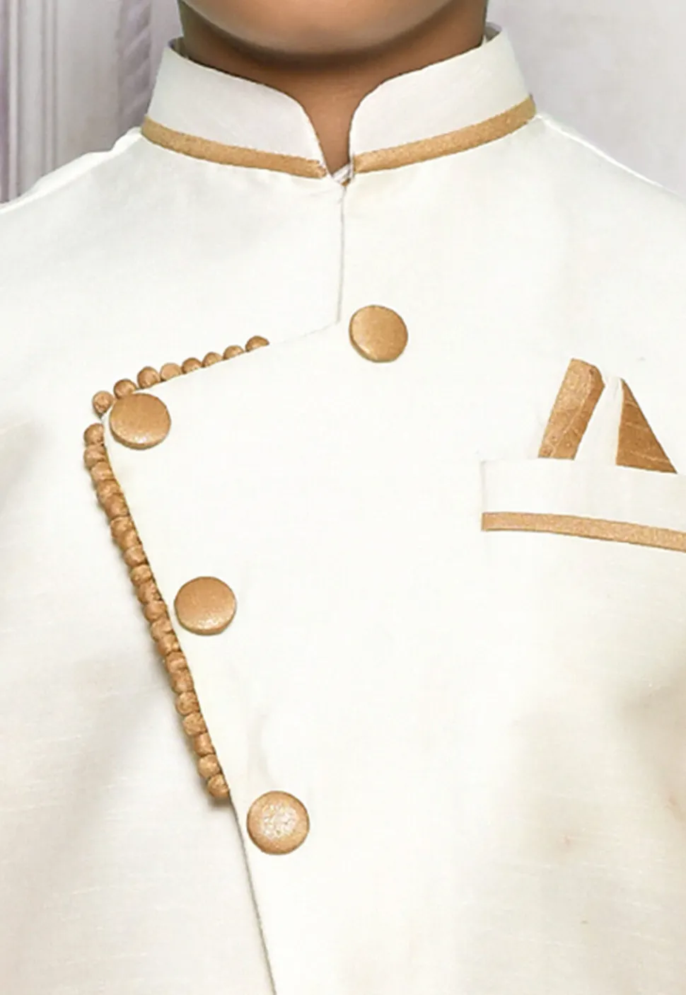 Contrast Trim Dupion Dhoti Kurta Jacket in Beige and Off White