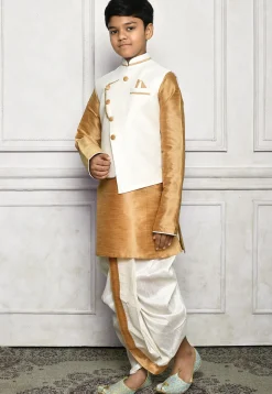 Contrast Trim Dupion Dhoti Kurta Jacket in Beige and Off White
