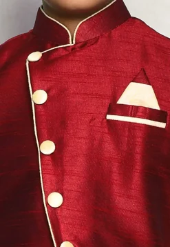 Contrast Trim Dupion Dhoti Kurta Jacket in Beige and Maroon