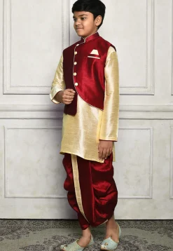 Contrast Trim Dupion Dhoti Kurta Jacket in Beige and Maroon