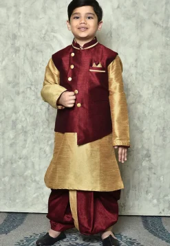 Contrast Trim Dupion Dhoti Kurta Jacket in Beige and Maroon