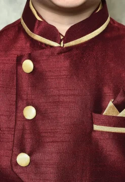Contrast Trim Dupion Dhoti Kurta Jacket in Beige and Maroon