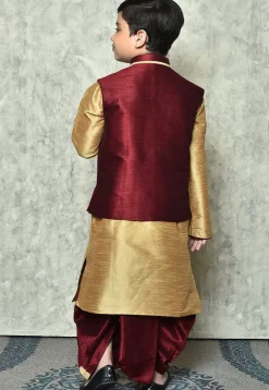 Contrast Trim Dupion Dhoti Kurta Jacket in Beige and Maroon