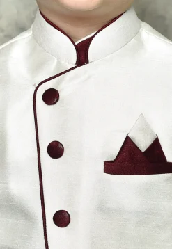 Contrast Trim Dupion Dhoti Kurta Jacket in Maroon and White