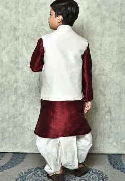 Contrast Trim Dupion Dhoti Kurta Jacket in Maroon and White