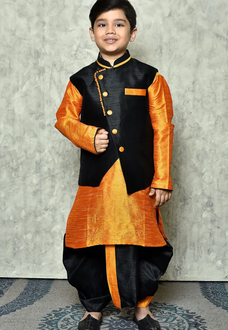 Contrast Trim Dupion Dhoti Kurta Jacket in Orange and Black