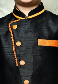 Contrast Trim Dupion Dhoti Kurta Jacket in Orange and Black