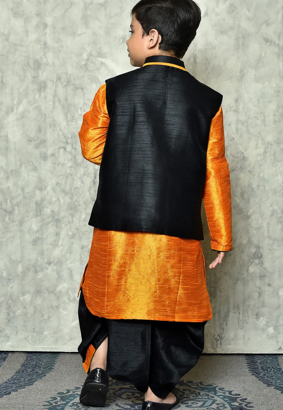 Contrast Trim Dupion Dhoti Kurta Jacket in Orange and Black
