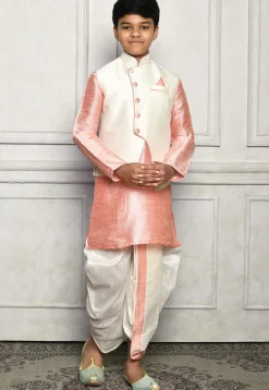 Contrast Trim Dupion Dhoti Kurta Jacket in Peach and Off White