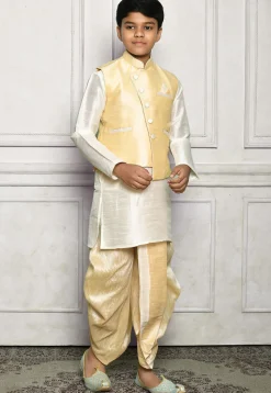 Contrast Trim Dupion Dhoti Kurta Jacket in Off White and Beige