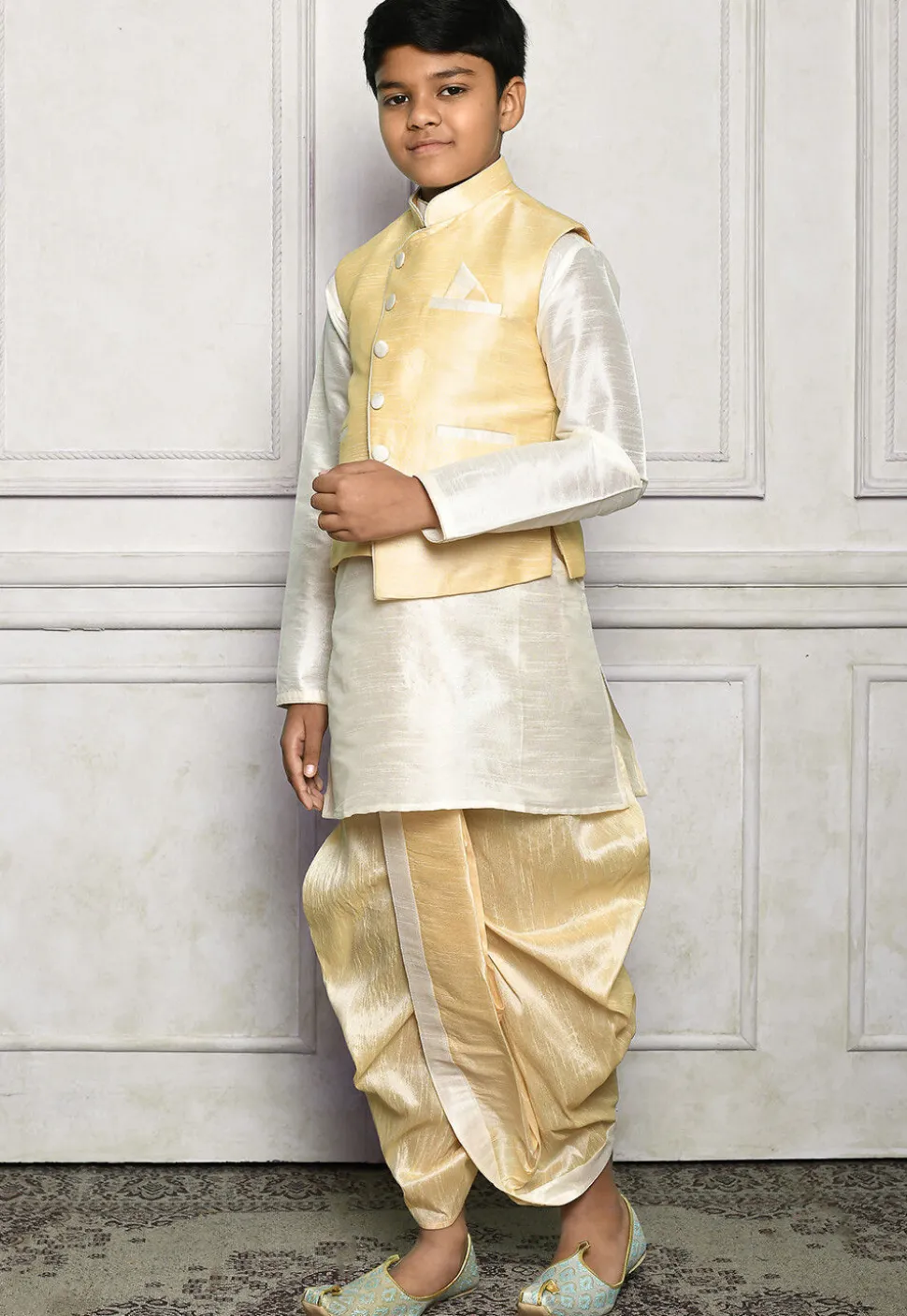 Contrast Trim Dupion Dhoti Kurta Jacket in Off White and Beige