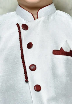 Contrast Trim Dupion Dhoti Kurta Jacket in Maroon and White