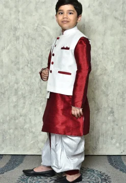 Contrast Trim Dupion Dhoti Kurta Jacket in Maroon and White