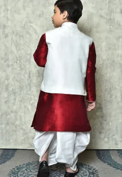 Contrast Trim Dupion Dhoti Kurta Jacket in Maroon and White