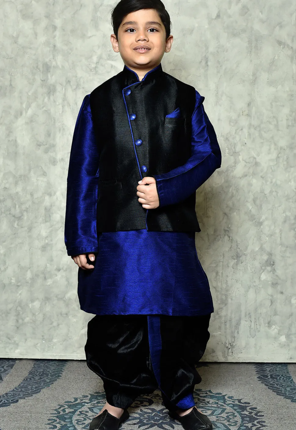 Contrast Trim Dupion Dhoti Kurta Jacket in Royal Blue and Black