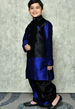 Contrast Trim Dupion Dhoti Kurta Jacket in Royal Blue and Black