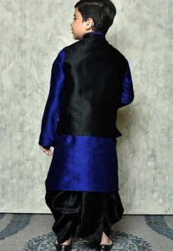 Contrast Trim Dupion Dhoti Kurta Jacket in Royal Blue and Black