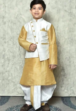 Contrast Trim Dupion Dhoti Kurta Jacket in Beige and Off White