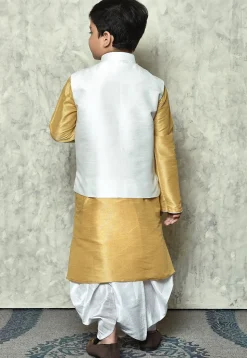 Contrast Trim Dupion Dhoti Kurta Jacket in Beige and Off White