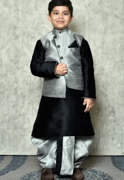 Contrast Trim Dupion Dhoti Kurta Jacket Set in Black and Grey
