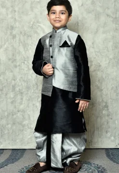 Contrast Trim Dupion Dhoti Kurta Jacket Set in Black and Grey
