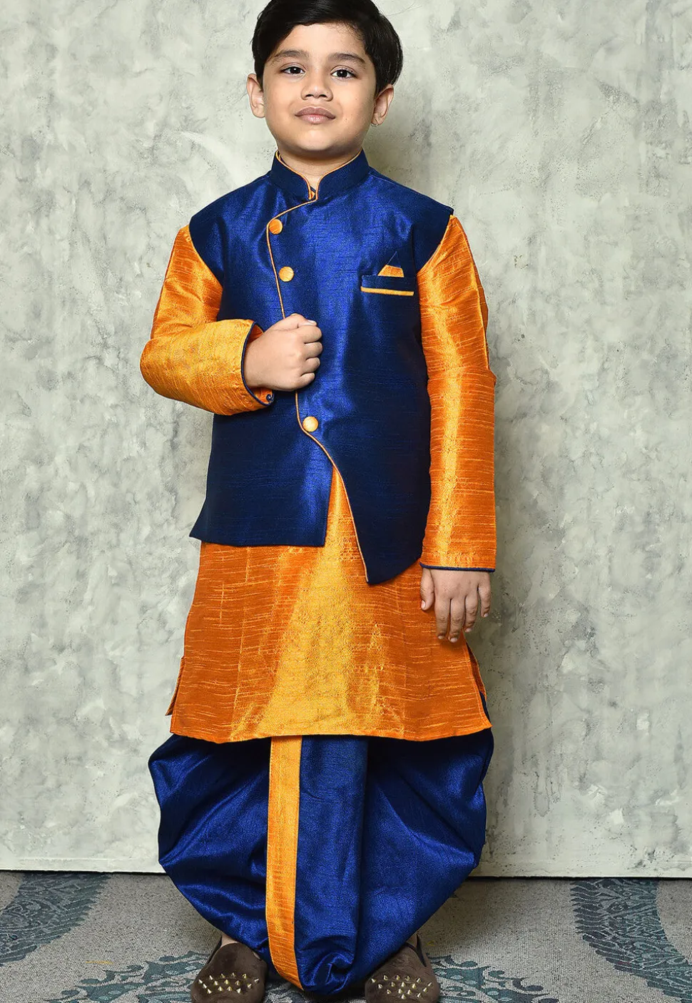 Contrast Trim Dupion Dhoti Kurta Jacket in Orange and Blue