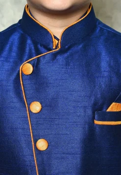 Contrast Trim Dupion Dhoti Kurta Jacket in Orange and Blue