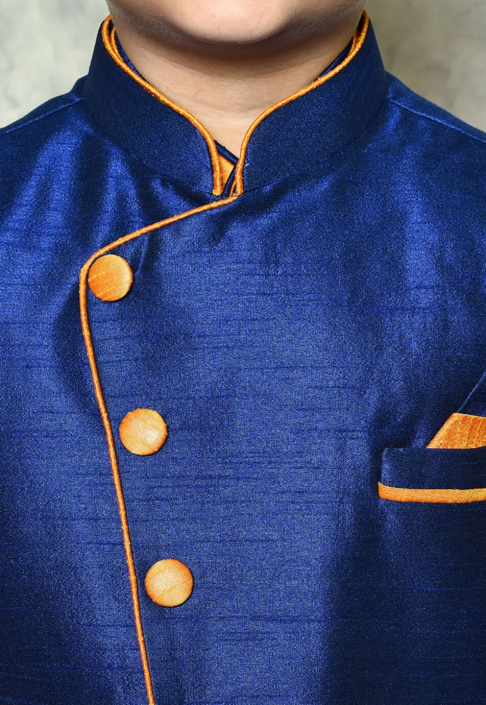 Contrast Trim Dupion Dhoti Kurta Jacket in Orange and Blue